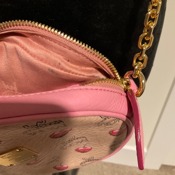 MCM Round Pink/Tan w/Cherries and Gold Chain Crossbody - Picture 4 of 16